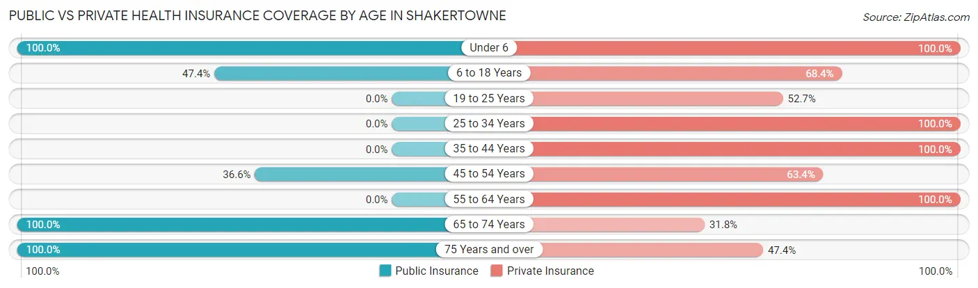 Public vs Private Health Insurance Coverage by Age in Shakertowne
