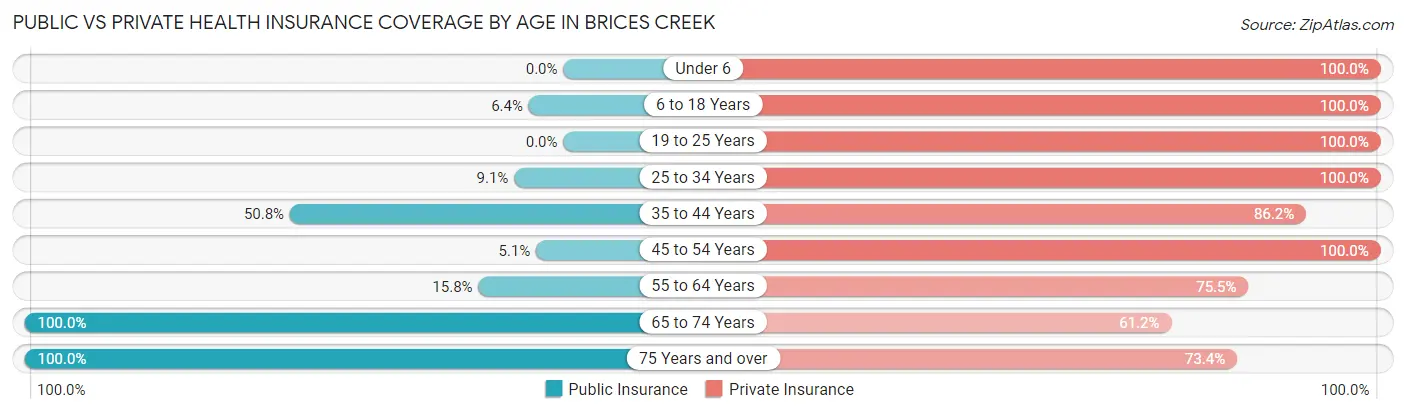Public vs Private Health Insurance Coverage by Age in Brices Creek