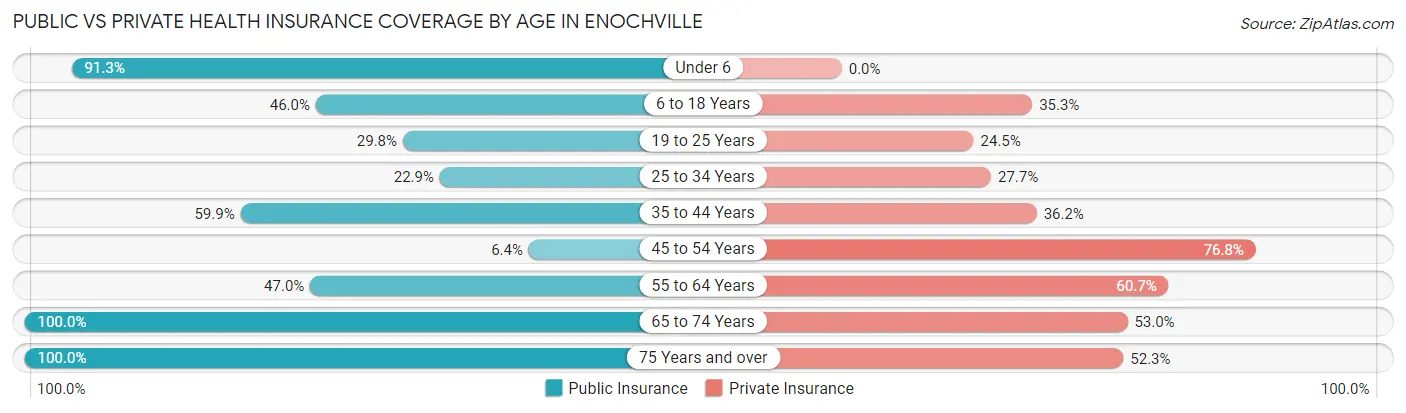 Public vs Private Health Insurance Coverage by Age in Enochville