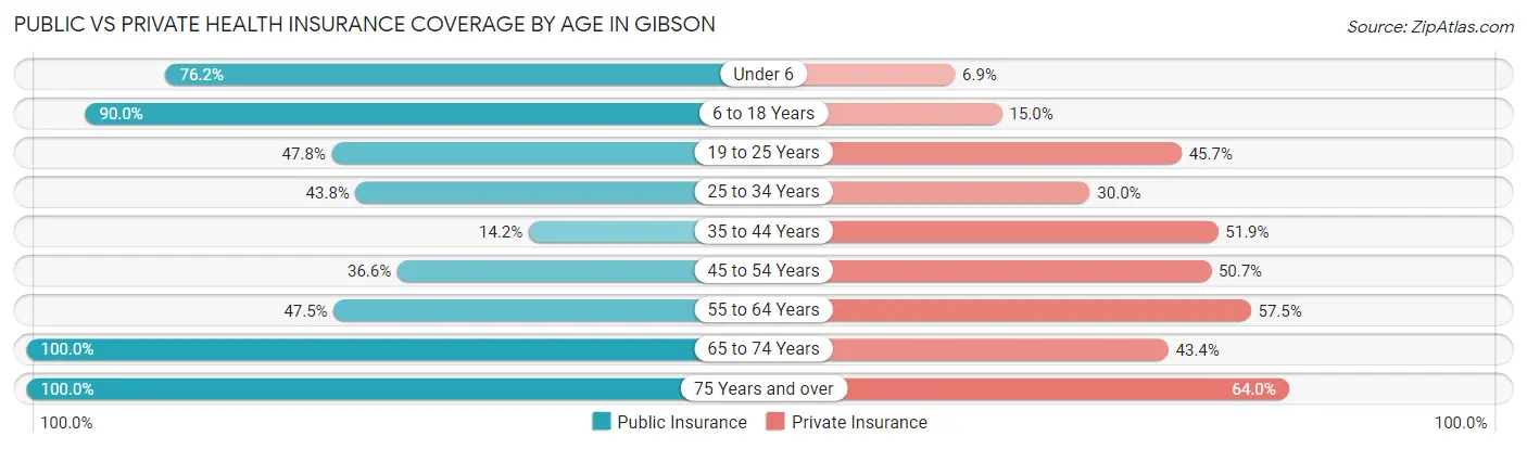 Public vs Private Health Insurance Coverage by Age in Gibson