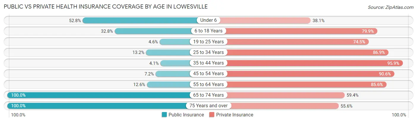 Public vs Private Health Insurance Coverage by Age in Lowesville