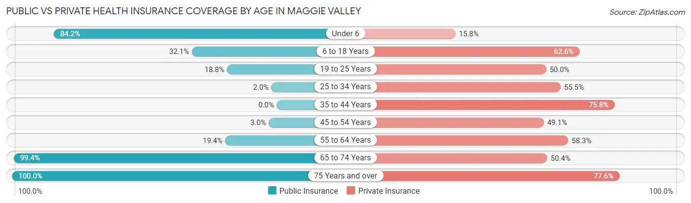 Public vs Private Health Insurance Coverage by Age in Maggie Valley