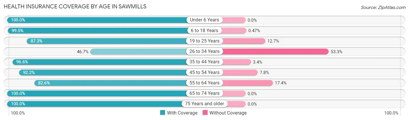 Health Insurance Coverage by Age in Sawmills