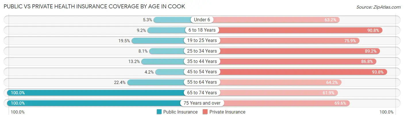 Public vs Private Health Insurance Coverage by Age in Cook