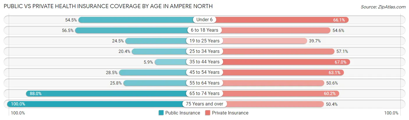 Public vs Private Health Insurance Coverage by Age in Ampere North