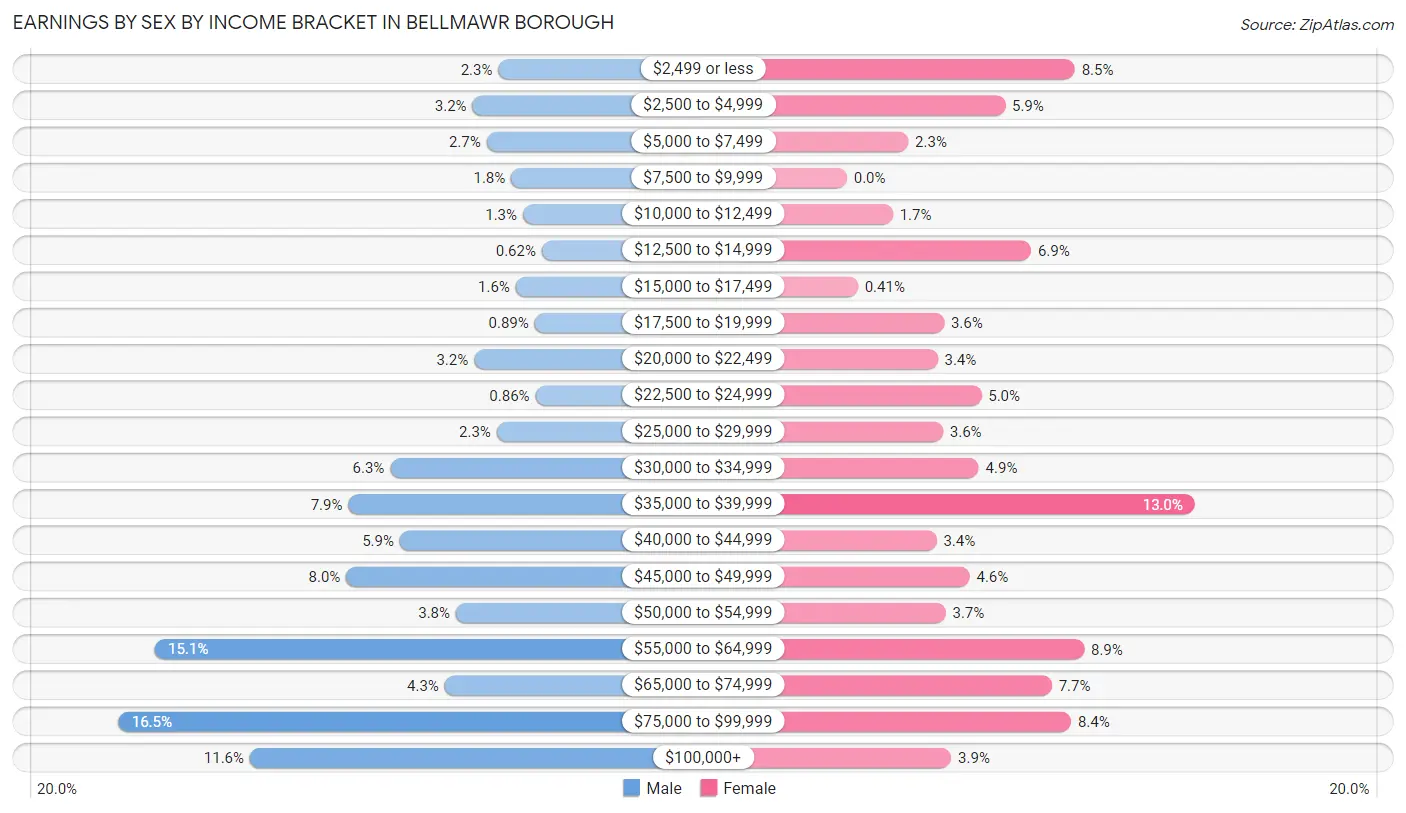 Earnings by Sex by Income Bracket in Bellmawr borough