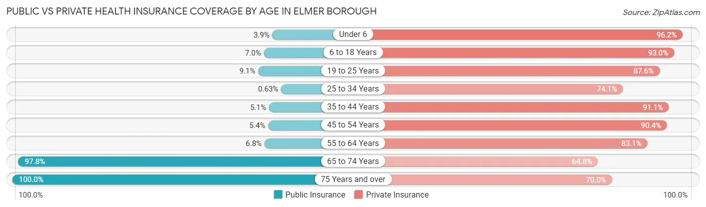 Public vs Private Health Insurance Coverage by Age in Elmer borough