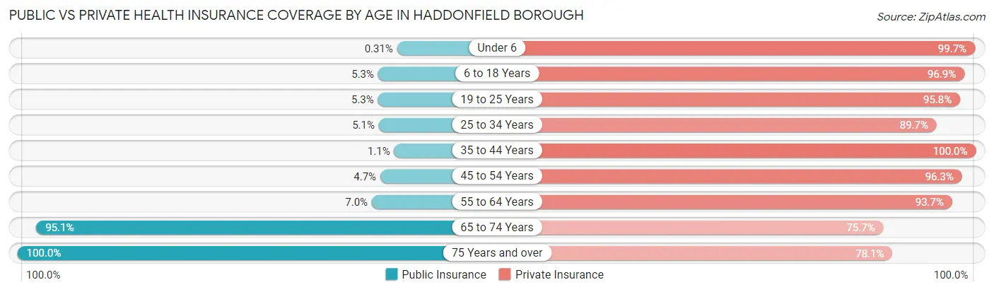 Public vs Private Health Insurance Coverage by Age in Haddonfield borough