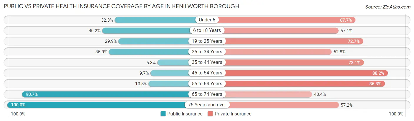 Public vs Private Health Insurance Coverage by Age in Kenilworth borough