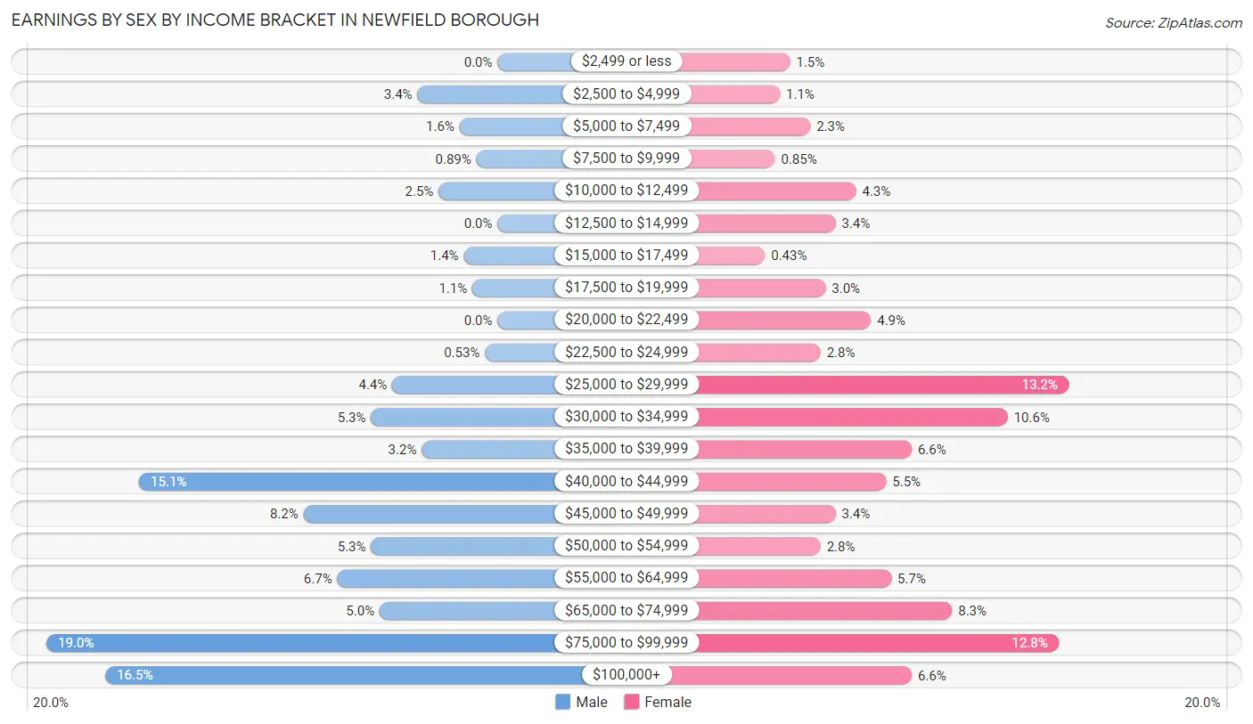Earnings by Sex by Income Bracket in Newfield borough