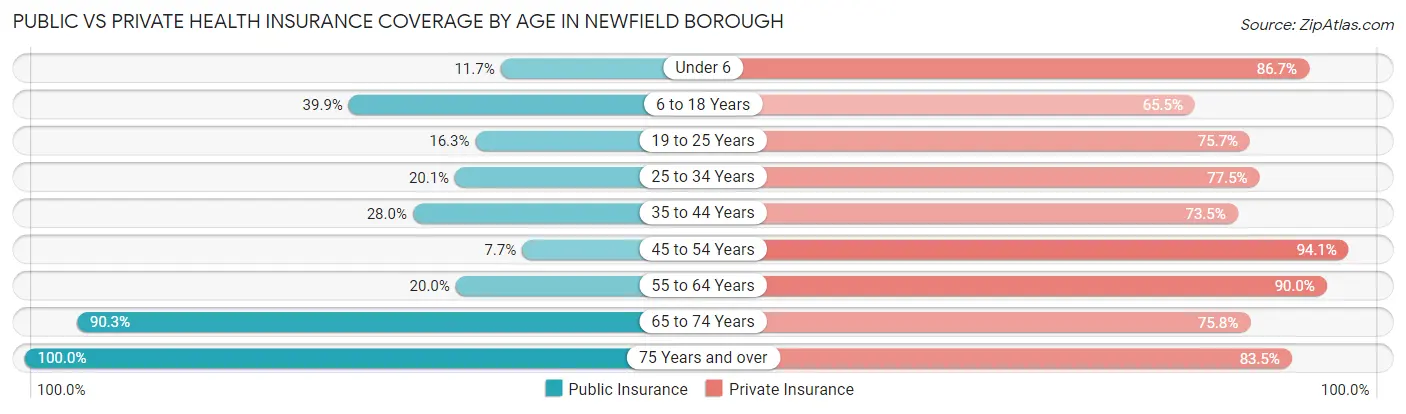 Public vs Private Health Insurance Coverage by Age in Newfield borough