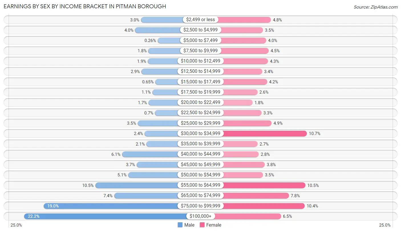 Earnings by Sex by Income Bracket in Pitman borough