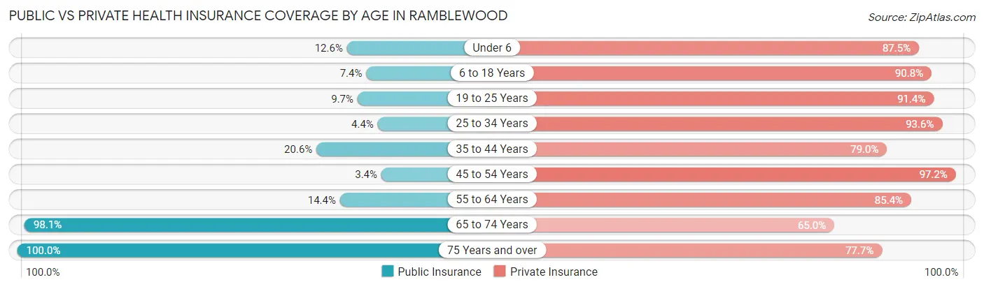 Public vs Private Health Insurance Coverage by Age in Ramblewood