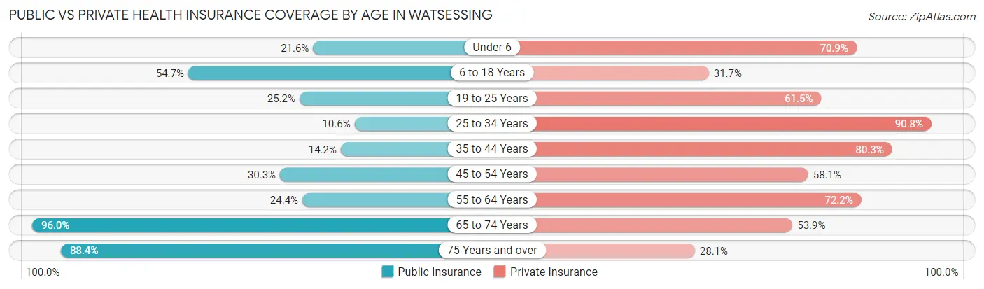 Public vs Private Health Insurance Coverage by Age in Watsessing