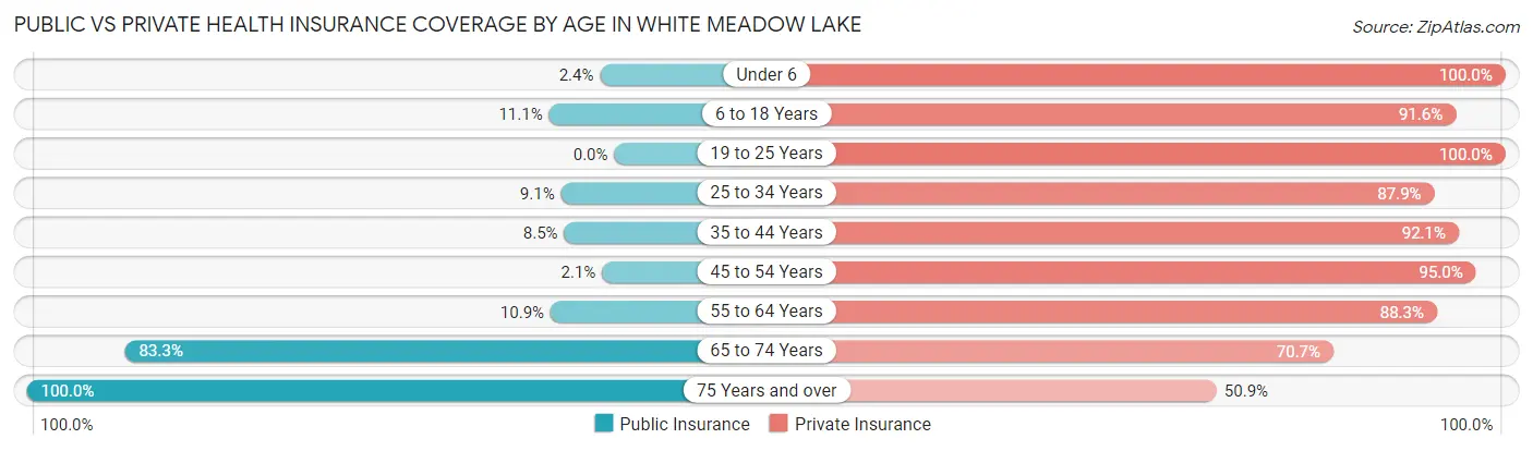 Public vs Private Health Insurance Coverage by Age in White Meadow Lake