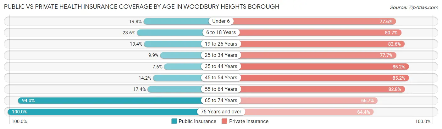 Public vs Private Health Insurance Coverage by Age in Woodbury Heights borough