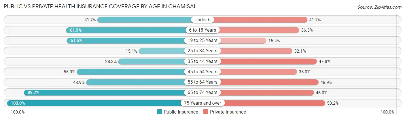 Public vs Private Health Insurance Coverage by Age in Chamisal