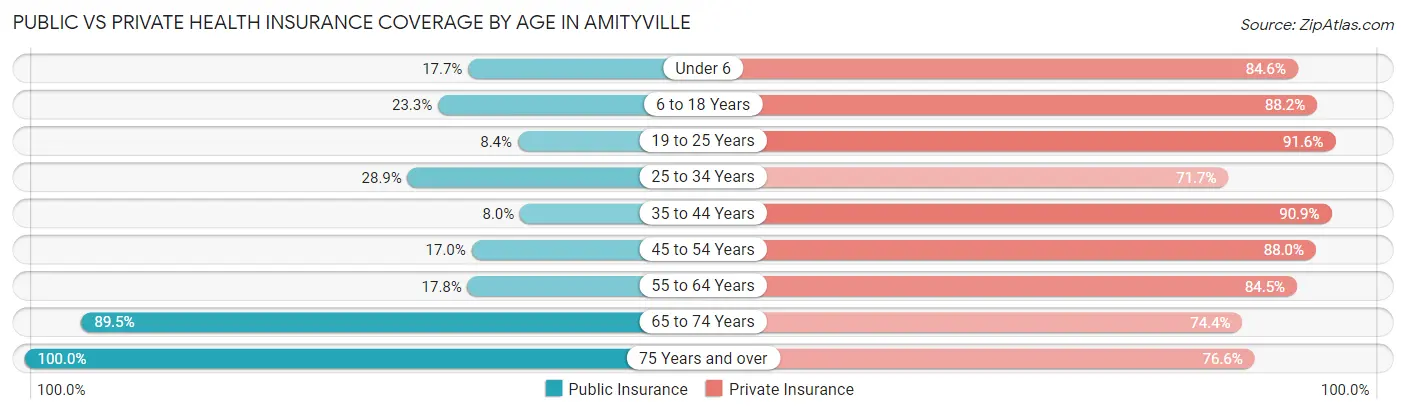 Public vs Private Health Insurance Coverage by Age in Amityville