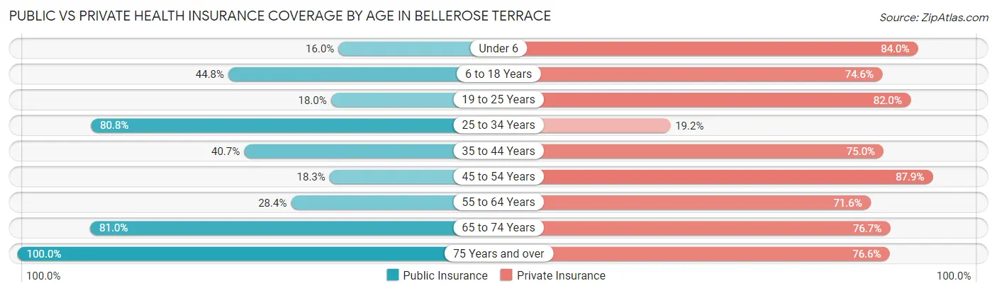 Public vs Private Health Insurance Coverage by Age in Bellerose Terrace