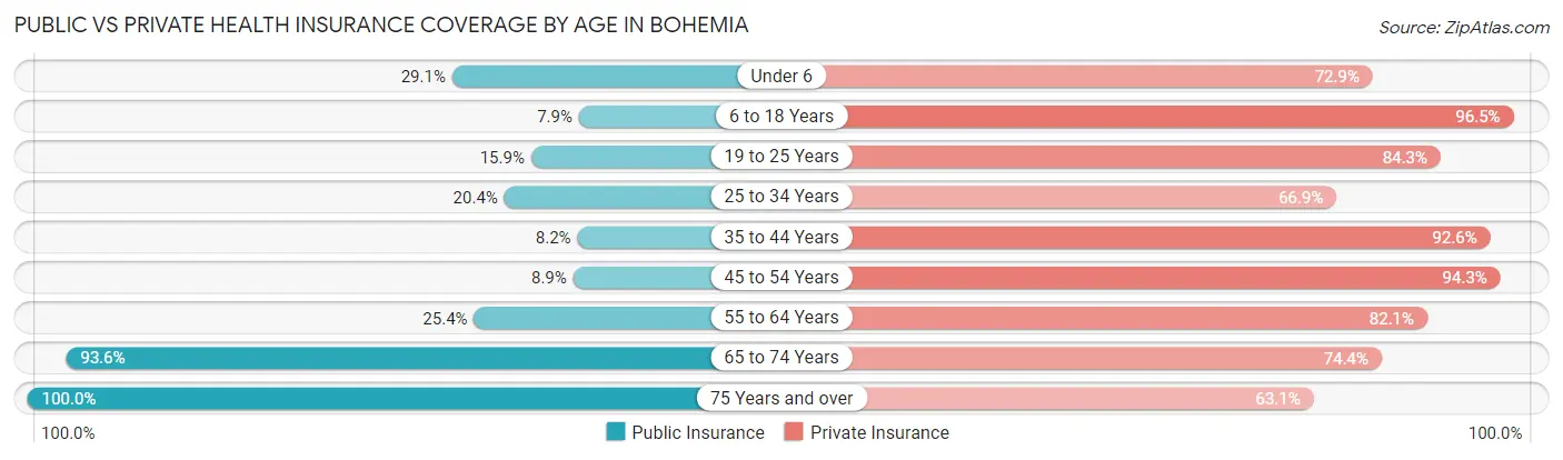 Public vs Private Health Insurance Coverage by Age in Bohemia