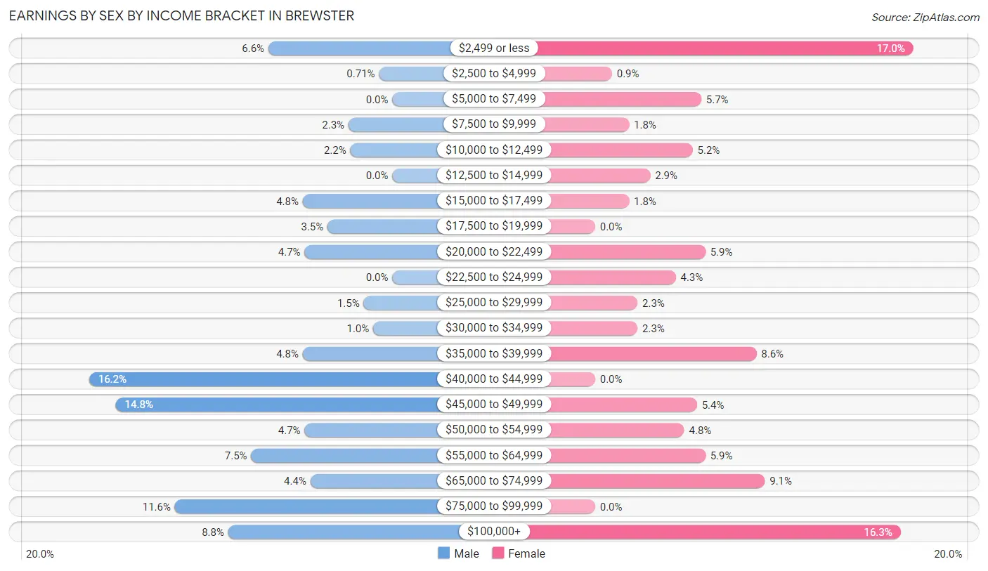Earnings by Sex by Income Bracket in Brewster
