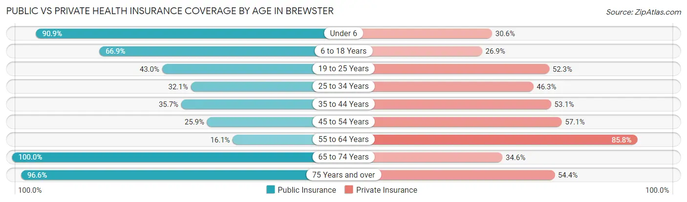 Public vs Private Health Insurance Coverage by Age in Brewster