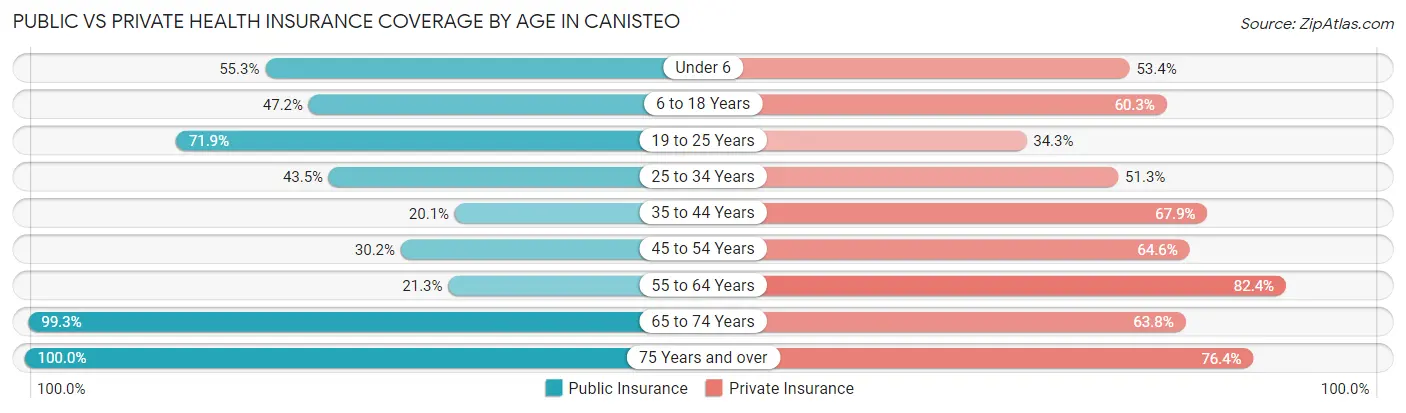 Public vs Private Health Insurance Coverage by Age in Canisteo