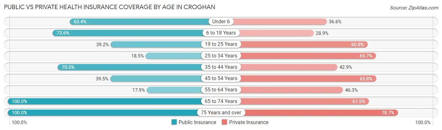 Public vs Private Health Insurance Coverage by Age in Croghan