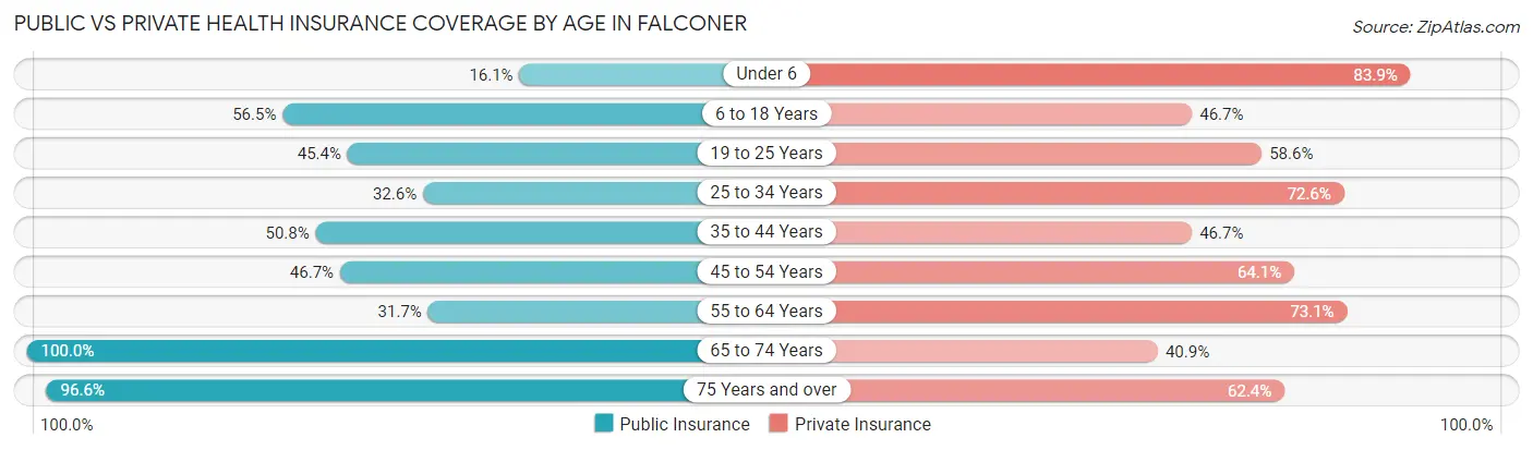 Public vs Private Health Insurance Coverage by Age in Falconer