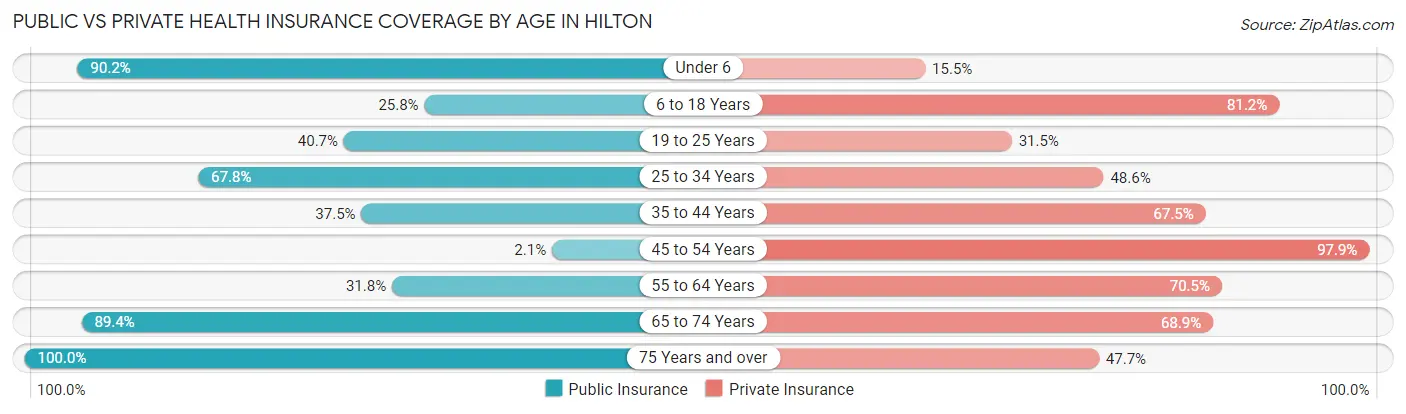 Public vs Private Health Insurance Coverage by Age in Hilton