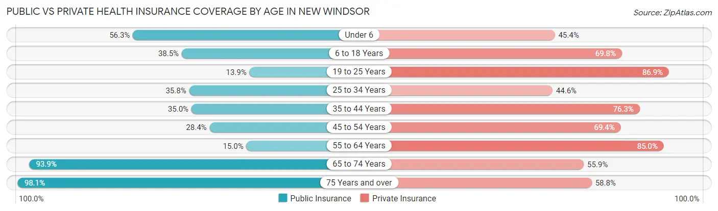 Public vs Private Health Insurance Coverage by Age in New Windsor