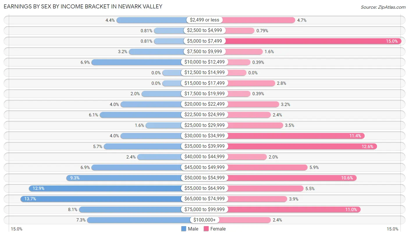 Earnings by Sex by Income Bracket in Newark Valley