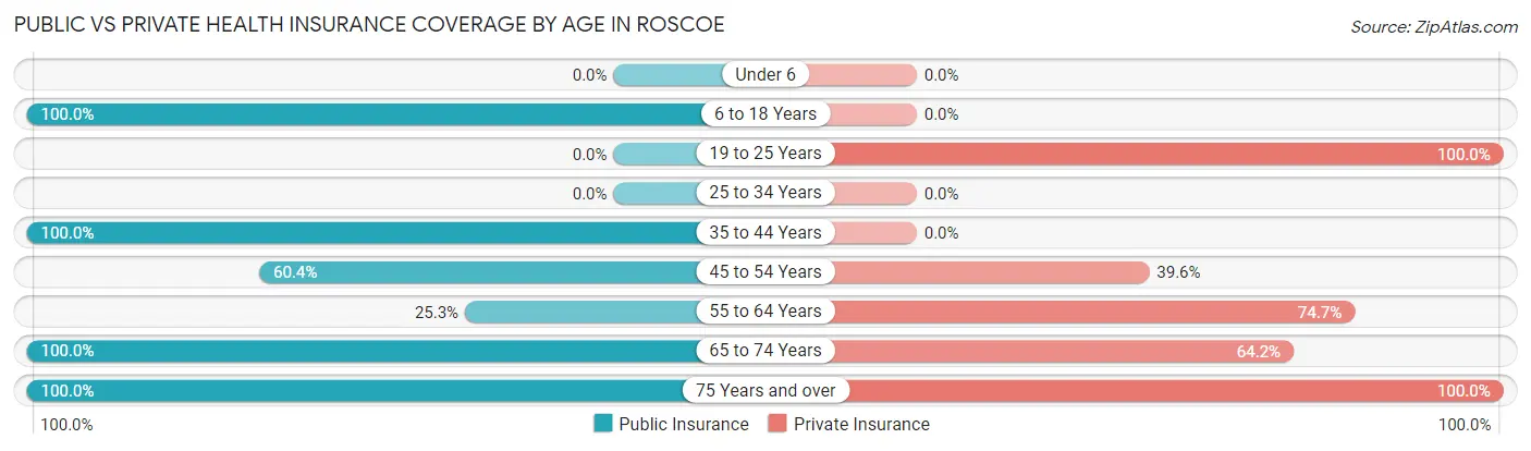 Public vs Private Health Insurance Coverage by Age in Roscoe