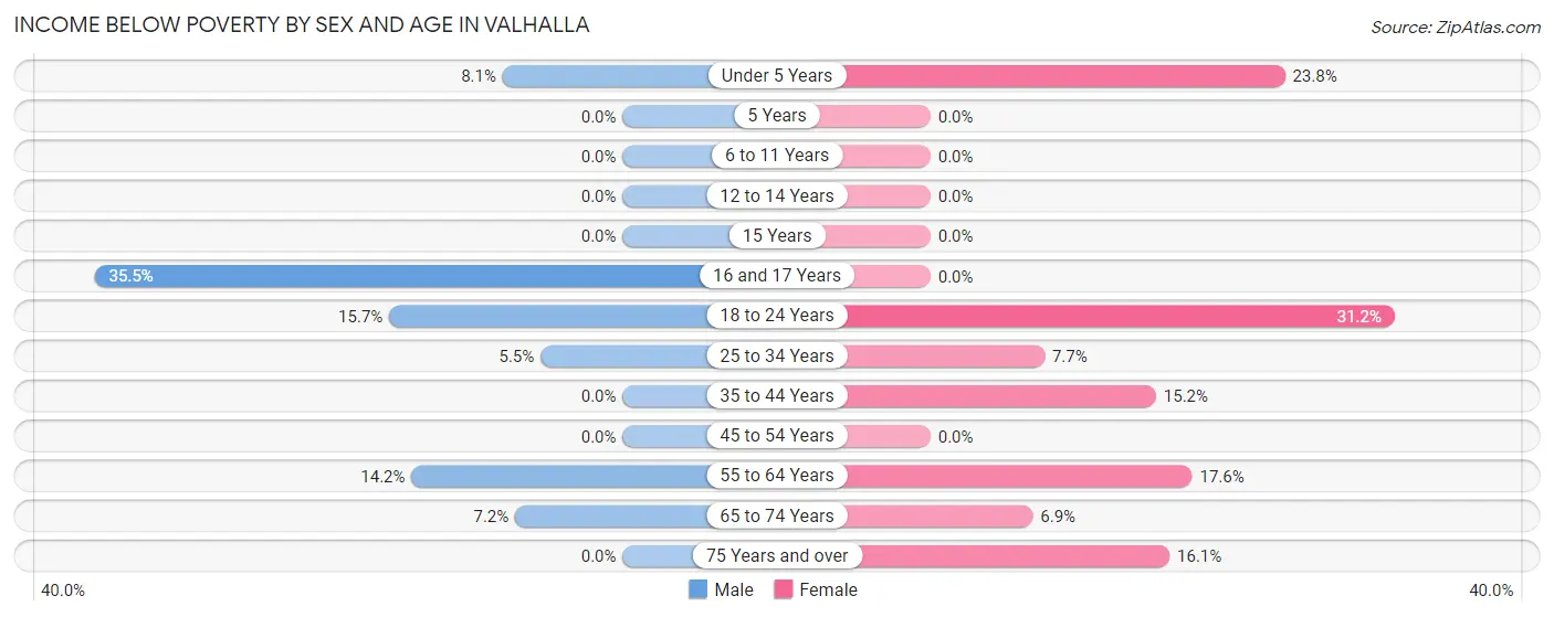 Income Below Poverty by Sex and Age in Valhalla