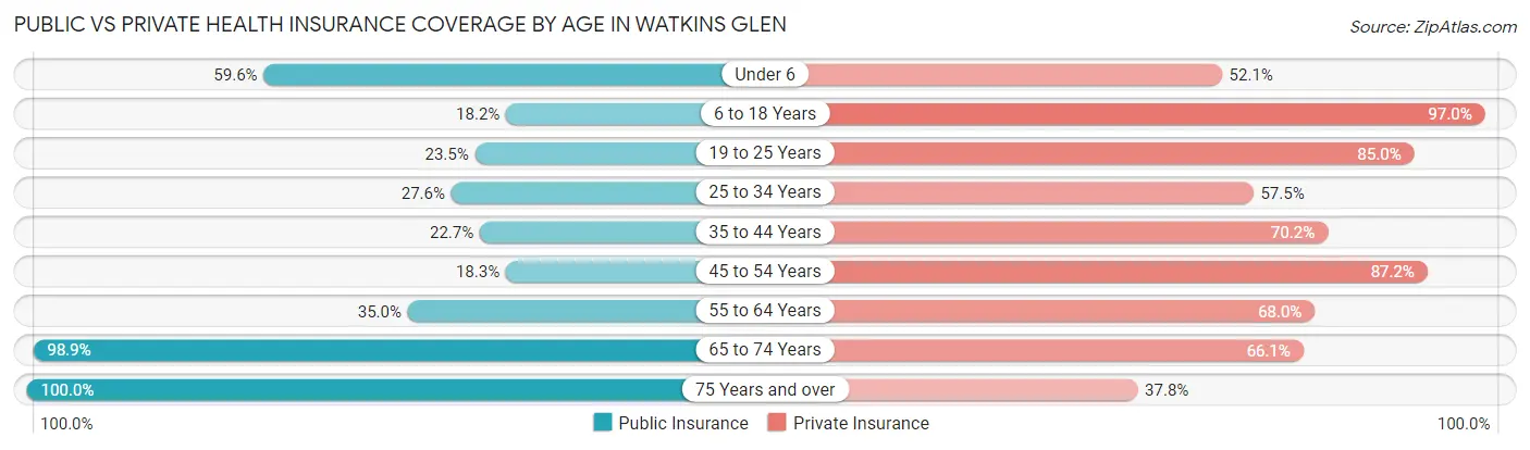 Public vs Private Health Insurance Coverage by Age in Watkins Glen