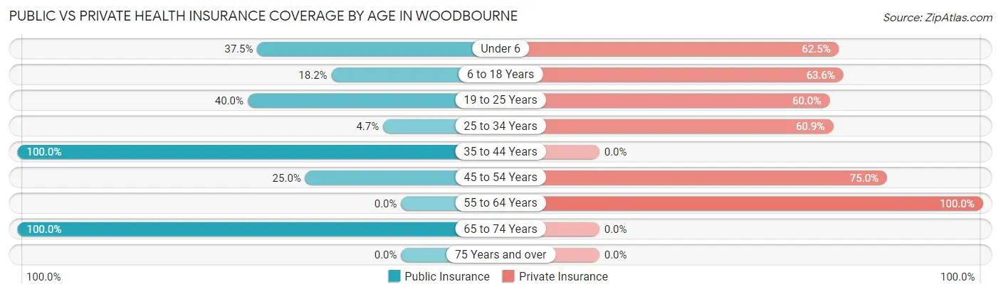 Public vs Private Health Insurance Coverage by Age in Woodbourne