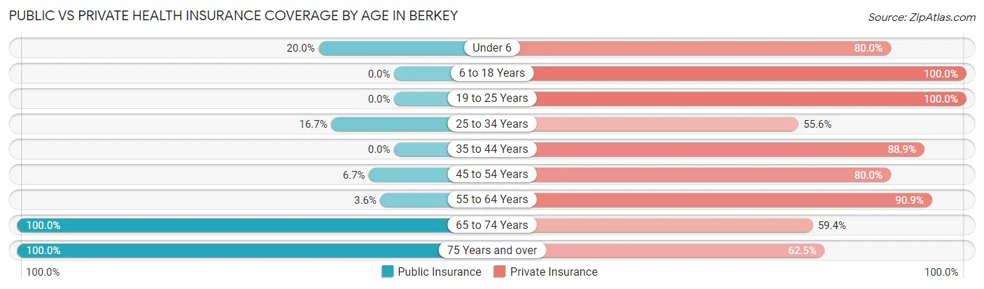 Public vs Private Health Insurance Coverage by Age in Berkey