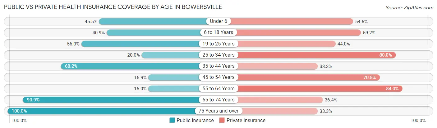 Public vs Private Health Insurance Coverage by Age in Bowersville