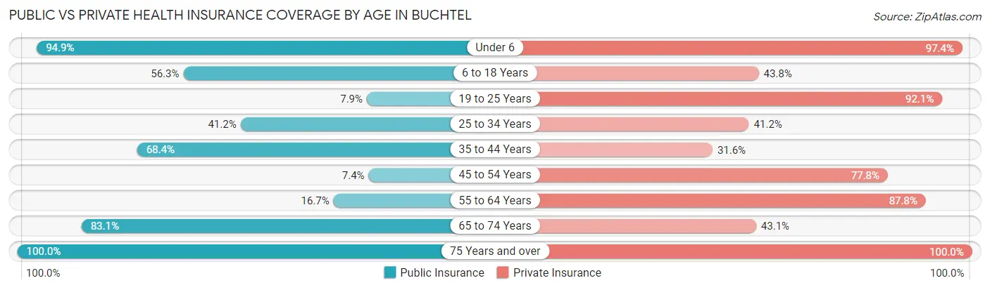 Public vs Private Health Insurance Coverage by Age in Buchtel
