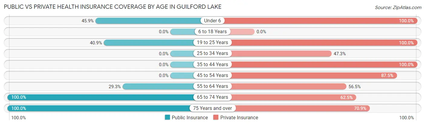 Public vs Private Health Insurance Coverage by Age in Guilford Lake