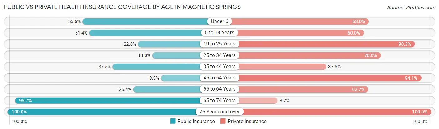 Public vs Private Health Insurance Coverage by Age in Magnetic Springs