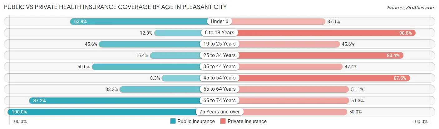 Public vs Private Health Insurance Coverage by Age in Pleasant City