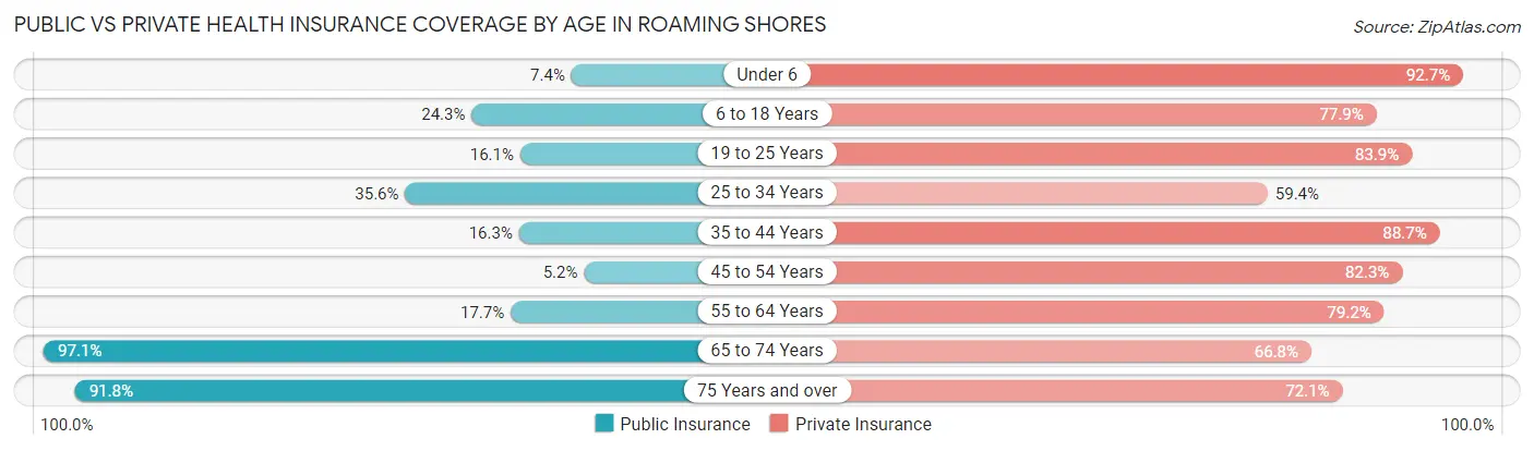 Public vs Private Health Insurance Coverage by Age in Roaming Shores
