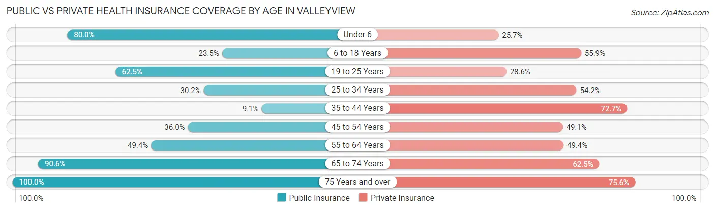 Public vs Private Health Insurance Coverage by Age in Valleyview