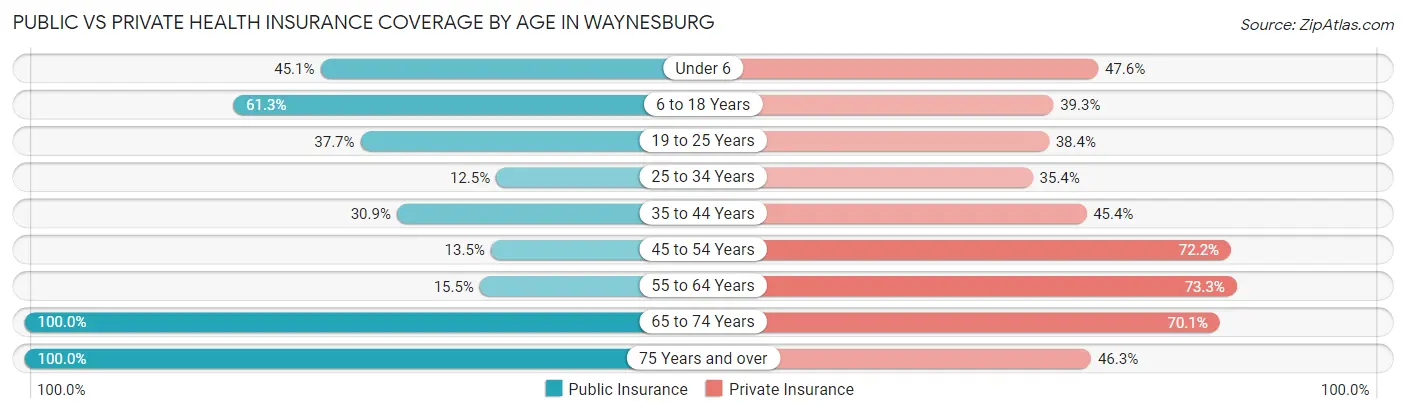 Public vs Private Health Insurance Coverage by Age in Waynesburg