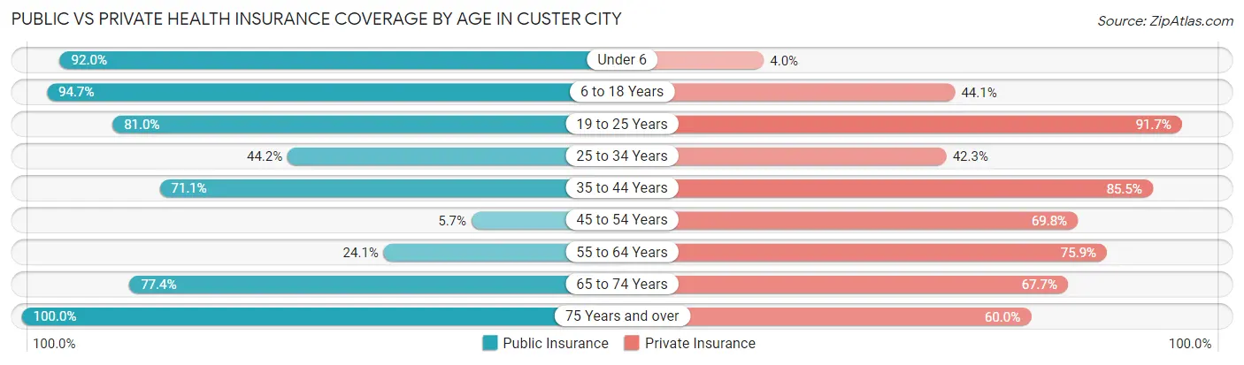 Public vs Private Health Insurance Coverage by Age in Custer City