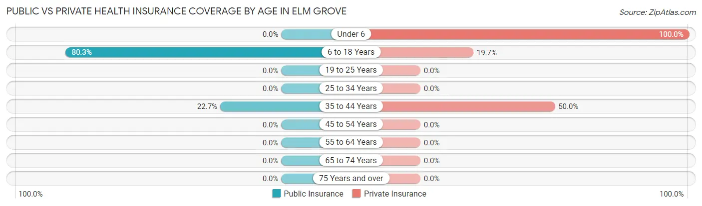 Public vs Private Health Insurance Coverage by Age in Elm Grove