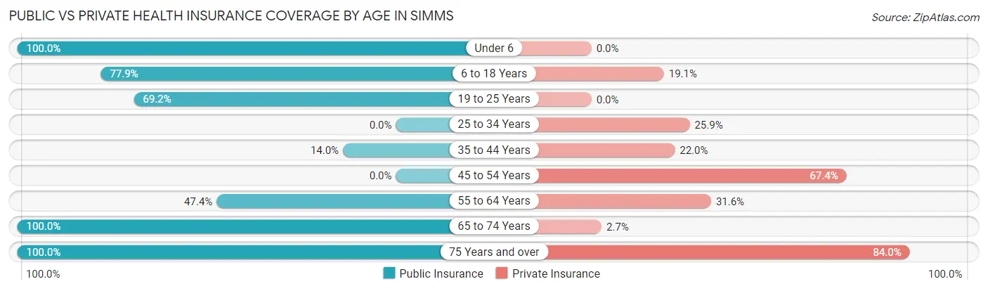 Public vs Private Health Insurance Coverage by Age in Simms
