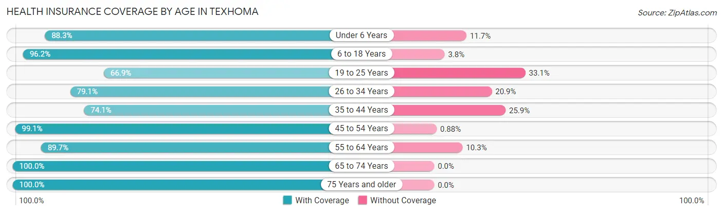 Health Insurance Coverage by Age in Texhoma