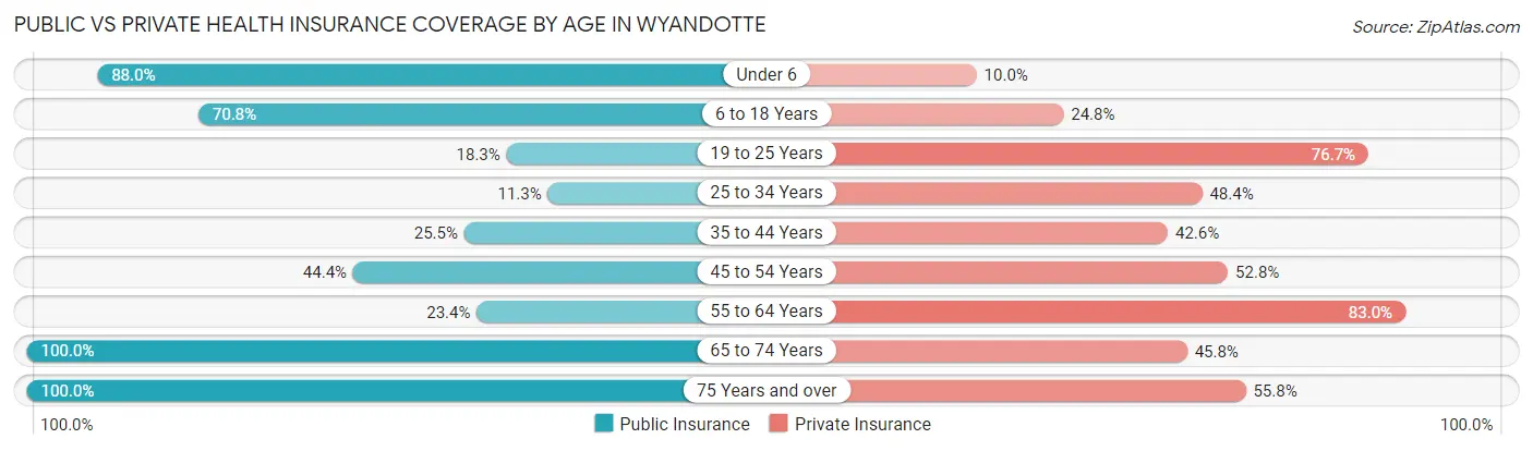 Public vs Private Health Insurance Coverage by Age in Wyandotte